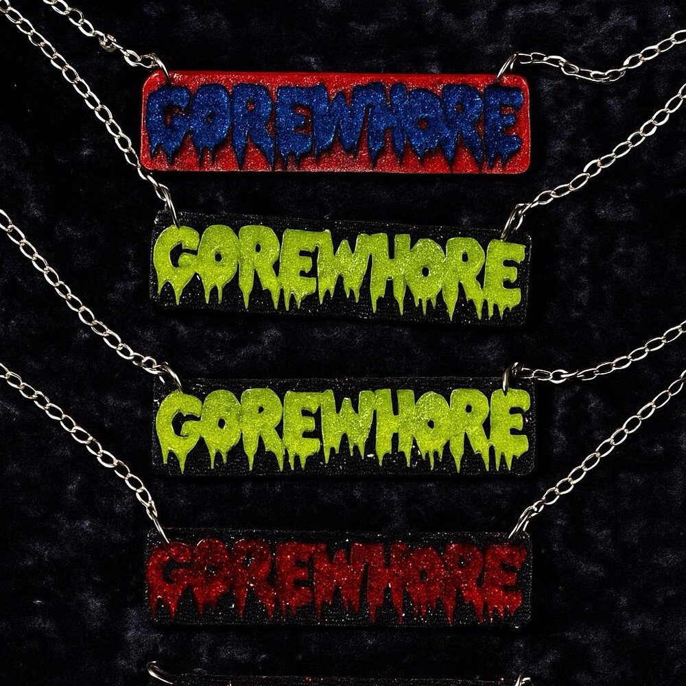 Pink & Blue Glitter “Gorewhore” Resin Necklace | Handmade Adjustable Drip Font S